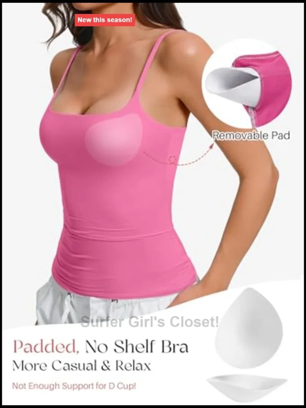 Padded Cami Tank with Built-In Bra, Double Lined, Spaghetti Strap